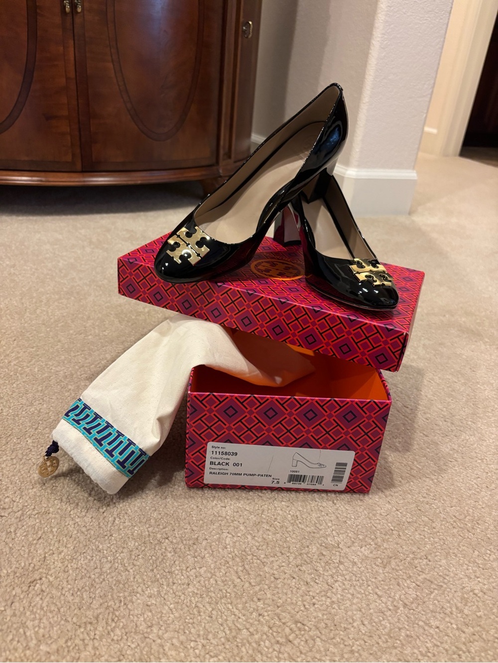 Tory Burch Black Patent Leather Logo Pumps with Gold Accent